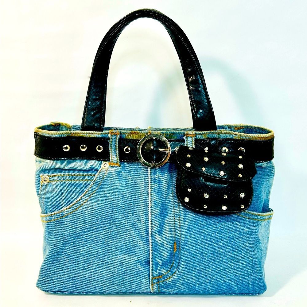 Y2K Denim Blue Jeans Purse with Studded Black Belt and Pouch